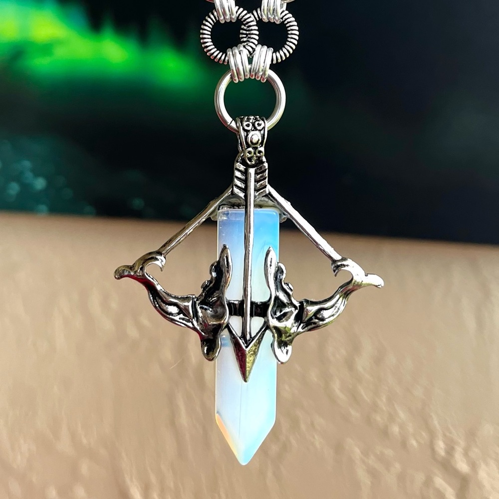 Maille links stainless steel necklace bow & arrow purple opalite stone charm - Picture 10 of 11